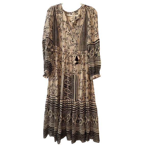 Anthropologie Talulah Tiered Midi Dress Cream Black Boho Tiered Patterned Boho - Picture 2 of 9